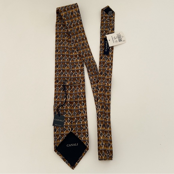 Canali Italian Silk Men's Neck Tie Brown Black Ivory Geometric Diamond Print - Picture 2 of 5